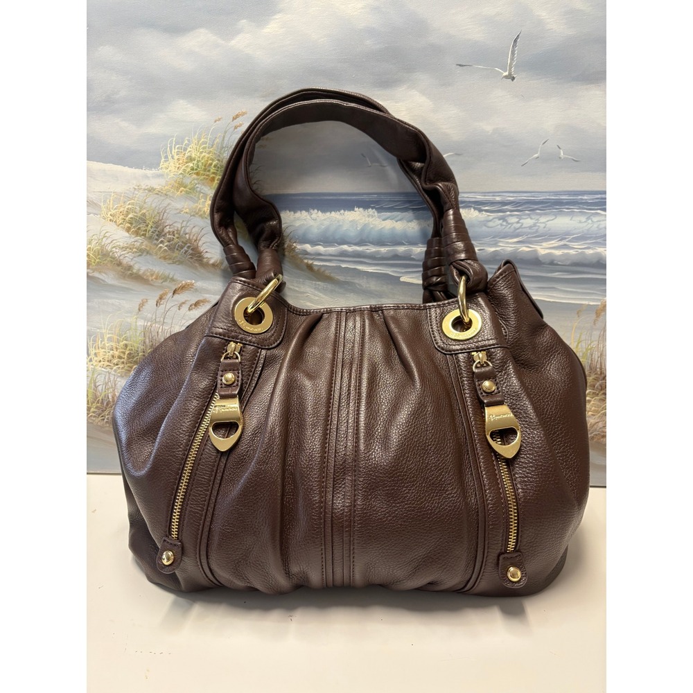 B. Makowsky Brown Pebbled Leather Shoulder Bag Gold Hardware Hobo Handbag